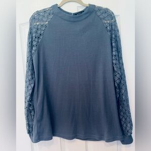 Miholl Slate Blue Waffle Knit Top with Lace Sleeves XL